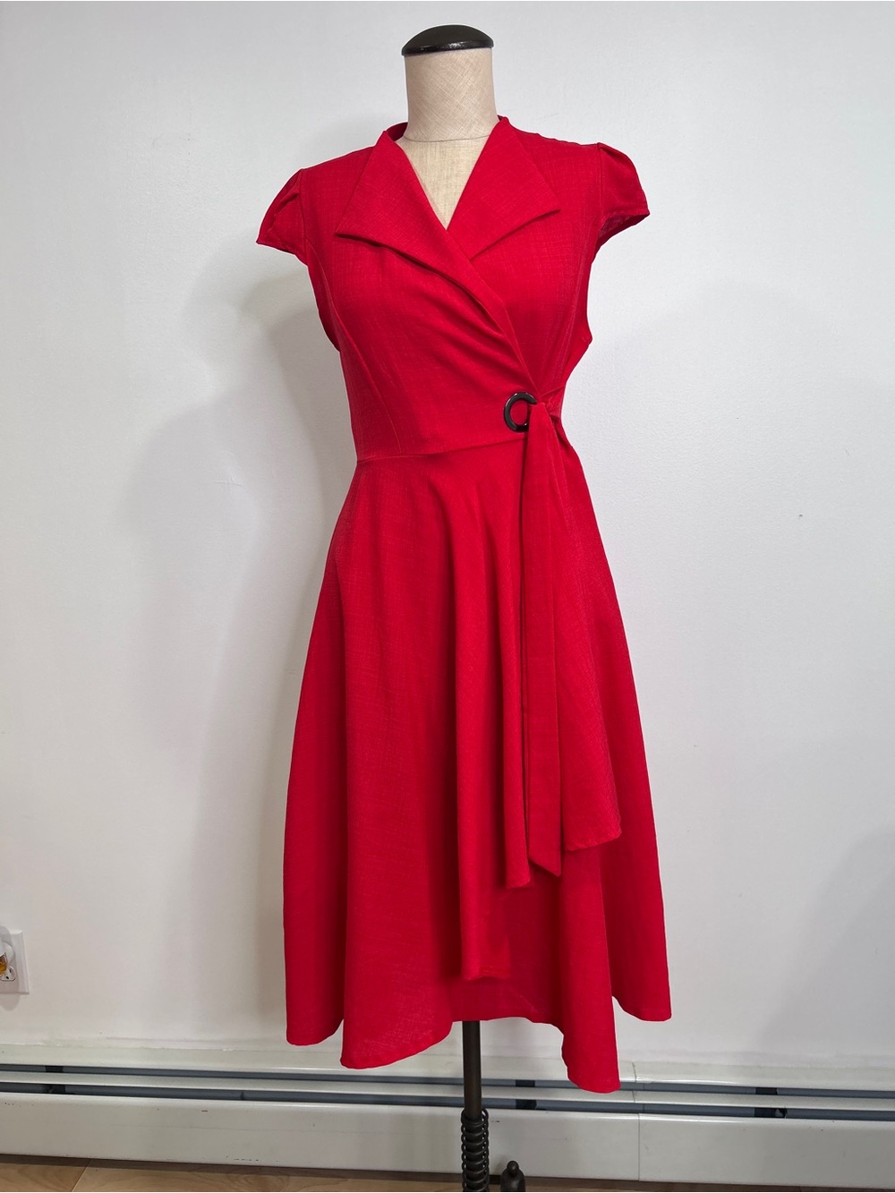 Red Fit & Flare Wrap Midi Dress | Rockabilly Retro Pin Up Mid Length